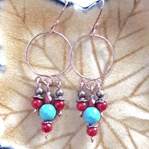 artisan earrings 607#mfs South Western blue stone red fringe dangle hoop earring - Picture 5 of 5